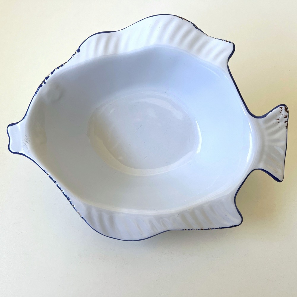 White Blue Fish Shaped Ceramic Serving Bowl Faux Distressed Coastal 11"